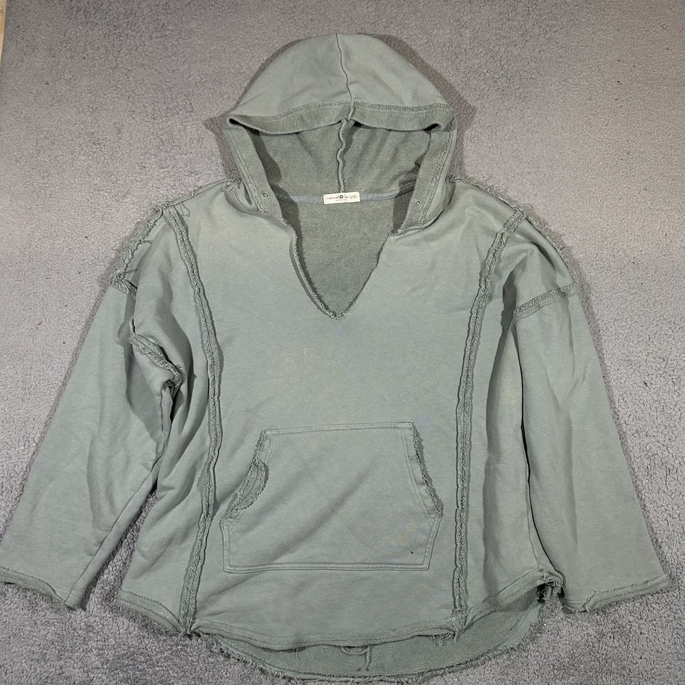 Natural Life Hoodie Women L/XL Green V-Neck Raw Edge Seam Oversized #4002